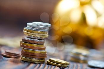 coins on a table, money on wooden table, stock photo