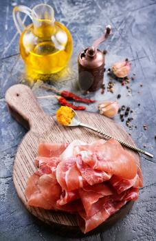 Prosciutto with spice on plate, stock photo