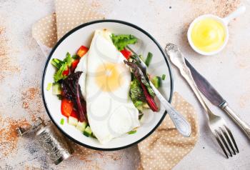 breakfast on plate, fried egg with salad