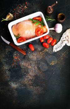 Raw chicken fillet meat in bowl for baked. Ready for cooking. Fresh Chicken breast Meat steak.