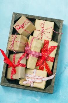 boxes for present with color ribbons, christmas gifts