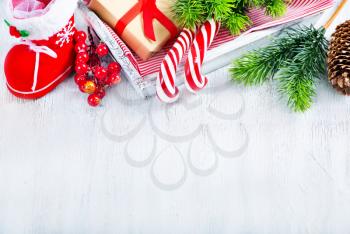 Christmas decoration in white box and on a table