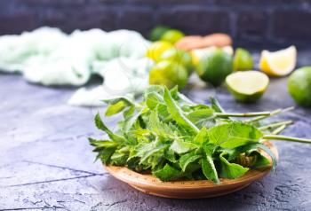 ingredients for mojito, fresh mint and lime