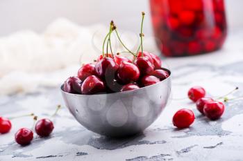 cherry compot  and fresh cherry in metal bowl