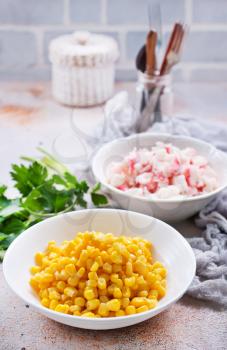 sweet corns and crab sticks, ingredients for salad