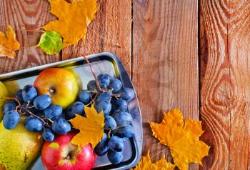 autumn harvest on the metal tray and on a table