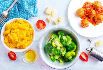 ingredients for pasta, pasta and broccoli, pasta and meatballs