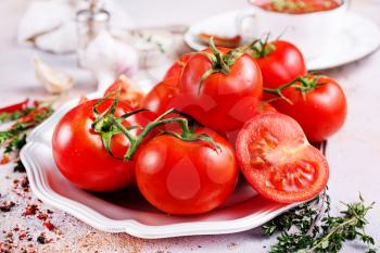 tomato on metal plate, fresh tomato, tomato for salad