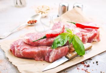 raw meat with spice and salt, raw meat on paper
