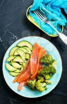 avocado broccoli and fresh salmon on the plate 