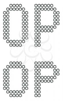 Letters of alphabet, O and P, composed of screw nuts, industrial font