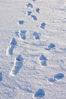 Human footprints in the snow under bright sunlight close-up view