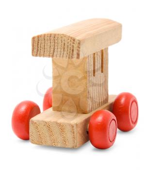 wooden railroad car toy with red wheels isolated on white background