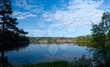 Ladoga lake under blue sky panoramic view