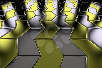 Steel with gold arrow blocks flooring perspective view shiny abstract industrial background