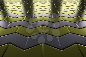 Steel with gold arrow blocks flooring perspective view shiny abstract industrial background