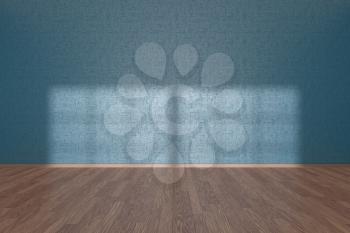 Blue wall of empty room with wooden parquet floor under sun light through window, 3D illustration.