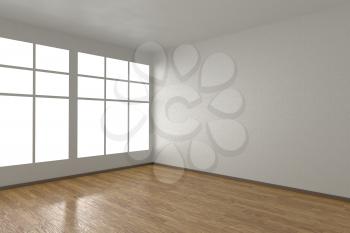 Corner of white empty room with windows and wooden parquet floor, 3D illustration