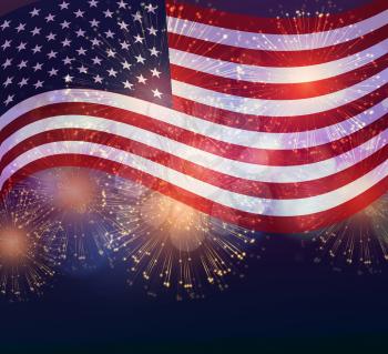 United States flag. Fireworks background for USA Independence Day. Fourth of July celebrate