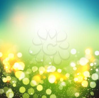 Abstract spring defocused background. Green bokeh. Summer blurred meadow. Vector illustration