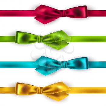 Set of Shiny satin ribbon on white background. Red, green, blue and gold color. Vector