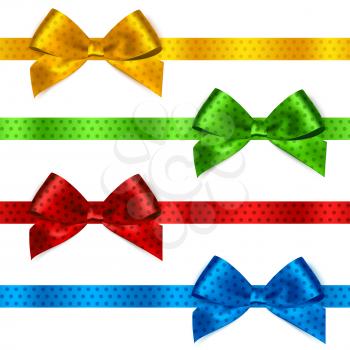 Set of Shiny satin ribbon with polka dots on white background. Red, green, blue and yellow color. Vector