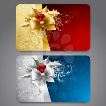 Collection of gift cards with snowflakes and  ribbons. Vector background