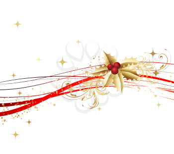 Vector Christmas decoration with gold holly and ribbon