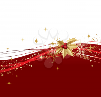 Merry Christmas card with  gold holly . Vector illustration.