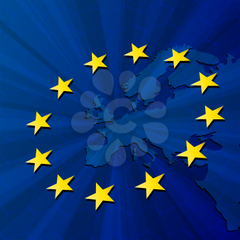 Vector Europe map with European union flag. Blue background and yellow stars