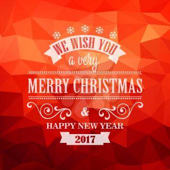 Typographic Retro Christmas Design on the red polygonal background