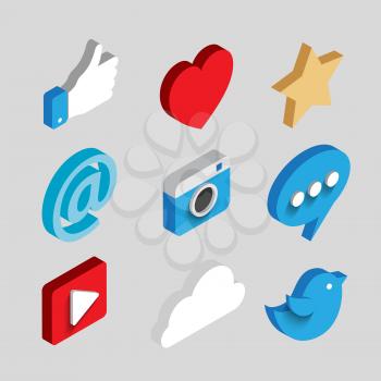 Social media flat 3d isometric concept vector icons. . Flat web illustration infographics collection.