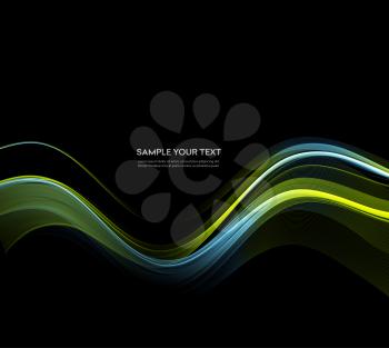 Vector Abstract shiny color blue and green wave design element on dark background. Science or technology design