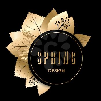 Golden spring design. Vector illustration. Big spring sale. Gold leaves and dots