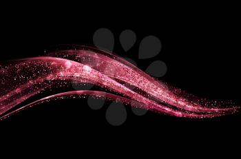 Abstract shiny color rose gold wave design element with glitter effect on dark background.