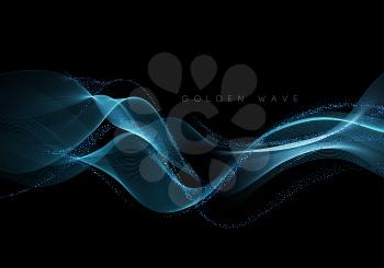 Abstract shiny color blue gold wave design element with glitter effect on dark background. Fashion sequins for voucher, website and advertising design