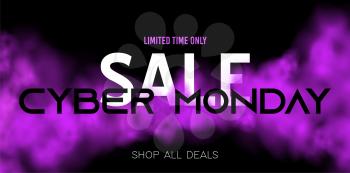 Cyber monday sale concept on dark background with purple smoke. Transparent color mist. fog cloud. For design website, night club poster, advertising flyer