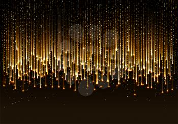 Abstract golden rain. Curtain of golden particles on a black background. Holiday banner for award show, presentation, website design.