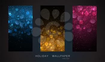 Holiday Abstract shiny color gold bokeh and glitter effect on dark background. For lock screen device wallpaper, invitation, website, greeting card, discount voucher, advertising and poster design