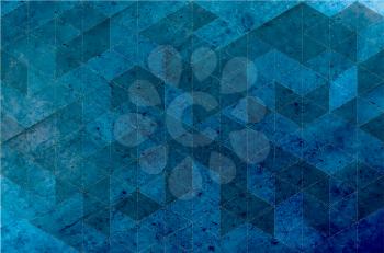 Blue grunge surface, concrete wall background. Gold geometroc pattern. Grain texture Vector illustration. For retro poster design.