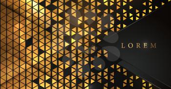 Vector Abstract geometric background with golden triangle pattern. Shiny gold mosaic on black background for advertising card, voucher, gift discount and website design