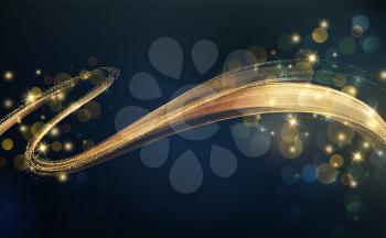 Holiday Abstract shiny color gold wave bokeh design element and glitter effect on dark background. For website, greeting, discount voucher, greeting and poster design