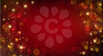Holiday Abstract shiny color gold bokeh design element and glitter effect on red background. For website, greeting, discount voucher, greeting and poster design