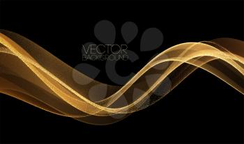 Abstract shiny color gold wave design element on dark background. Fashion flow lines for voucher, website and advertising. Golden silk ribbon for cosmetic gift voucher