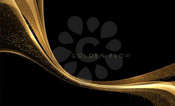 Abstract shiny color gold wave design element on dark background. Fashion flow lines for cosmetic gift voucher, website and advertising. Awarding the nomination ceremony luxury background with golden glitter sparkles. Vector design