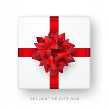 Decorative white gift box with golden bow and ribbon isolated on white background. Top view. Vector illustration