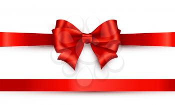 Red Shiny satin ribbon on white background. Silk bow red color. Vector decoration for gift card and discount voucher.