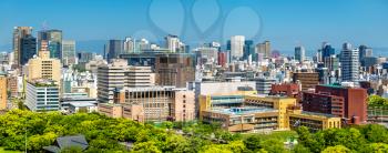 Skyline of Osaka city in Japan, view from the castle