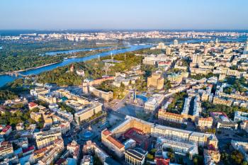 Aerial view of Independence Square - Maidan Nezalezhnosti and other landmarks in central Kiev, Ukraine