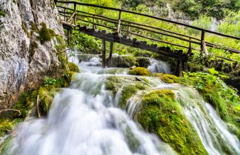 Waterfall under a wooden footbridge in Plitvice Lakes National Park. UNESCO world heritage in Croatia